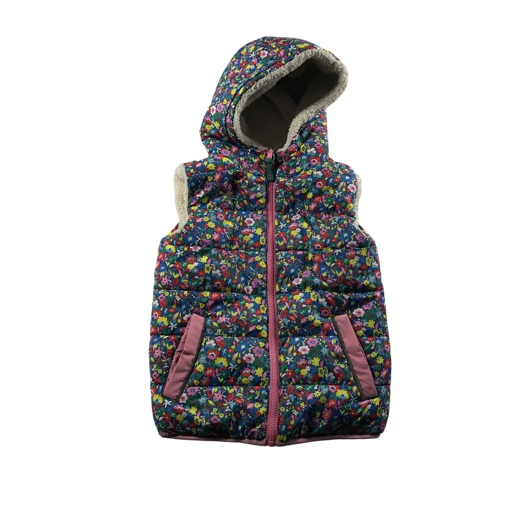 Boden Girls Floral Puffer Vest Sherpa Lined Hooded Navy Pink Multi Size 7-8Y